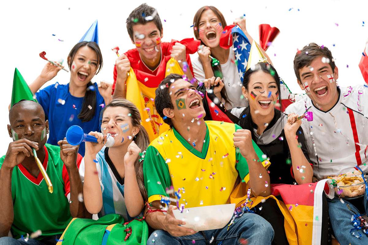 Cheerful group celebrating with confetti