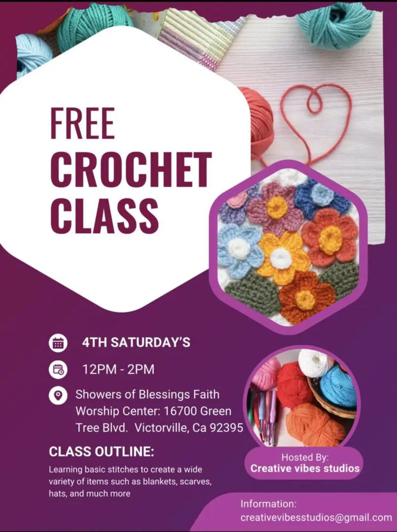 Free crochet class flyer with colorful yarn flowers