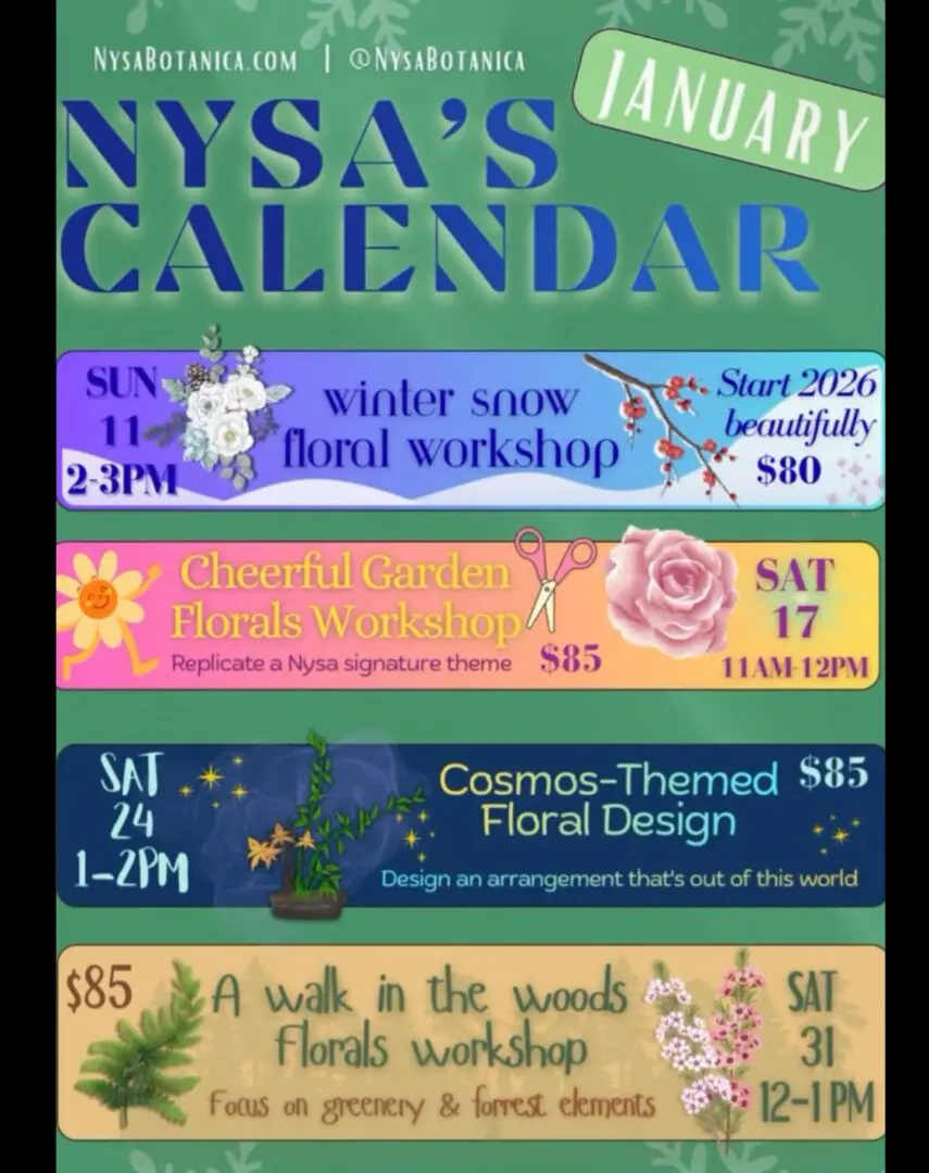 January floral workshop calendar with colorful banners