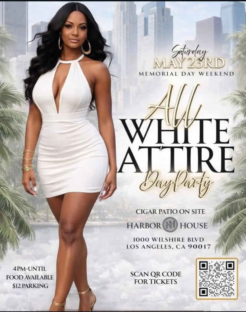 “All White Attire Rooftop Day Party” happening Saturday, May 23rd during Memorial Day Weekend at Harbor House, 1000 Wilshire Blvd in Los Angeles. Event details include a cigar patio, food available and paid parking