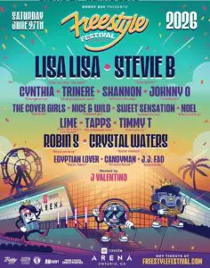 Freestyle Festival taking place Saturday, June 27, 2026, at Toyota Arena in Ontario, California. The colorful design features confetti, palm trees, and a ferris wheel, with headlining artists Lisa Lisa and Stevie B, along with performers such as Cynthia, Trinere, Shannon, Johnny O, The Cover Girls, Nice & Wild, Sweet Sensation, Noel, Lime, Tapps, Timmy T, Robin S, Crystal Waters, Egyptian Lover, Candyman, and J.J. Fad. The event is hosted by J Valentino, with ticket information available at FreestyleFestival.com