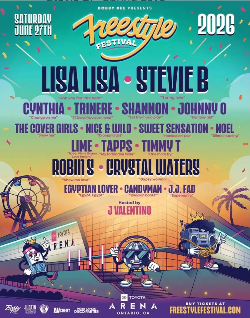 Freestyle Festival taking place Saturday, June 27, 2026, at Toyota Arena in Ontario, California. The colorful design features confetti, palm trees, and a ferris wheel, with headlining artists Lisa Lisa and Stevie B, along with performers such as Cynthia, Trinere, Shannon, Johnny O, The Cover Girls, Nice & Wild, Sweet Sensation, Noel, Lime, Tapps, Timmy T, Robin S, Crystal Waters, Egyptian Lover, Candyman, and J.J. Fad. The event is hosted by J Valentino, with ticket information available at FreestyleFestival.com