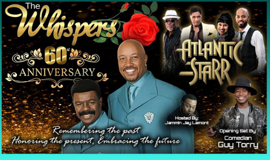 Promotional poster for The Whispers’ 60th Anniversary concert featuring The Whispers in teal suits with Atlantic Starr, hosted by Jammin Jay Lamont with an opening set by comedian Guy Torry, set against a gold celebratory background.