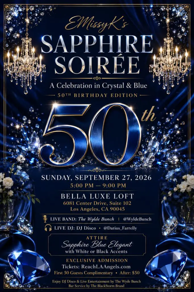 Sapphire‑themed 50th birthday event flyer featuring deep blue satin background, crystal chandeliers, gemstone accents, elegant florals, and gold typography promoting EMissyK’s Sapphire Soirée at Bella Luxe Loft with live band, DJ, dress code, and ticket details.