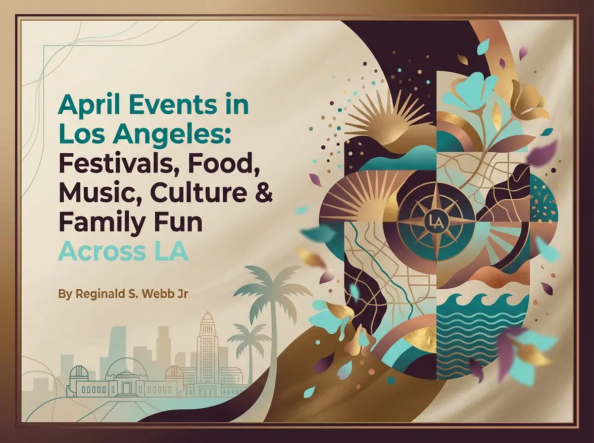Reach LA Angels blog header graphic for ‘April Events in Los Angeles: Festivals, Food, Music, Culture & Family Fun Across LA’ with spring-themed abstract shapes and subtle Los Angeles motifs in teal, beige, and plum; by Reginald S. Webb Jr.