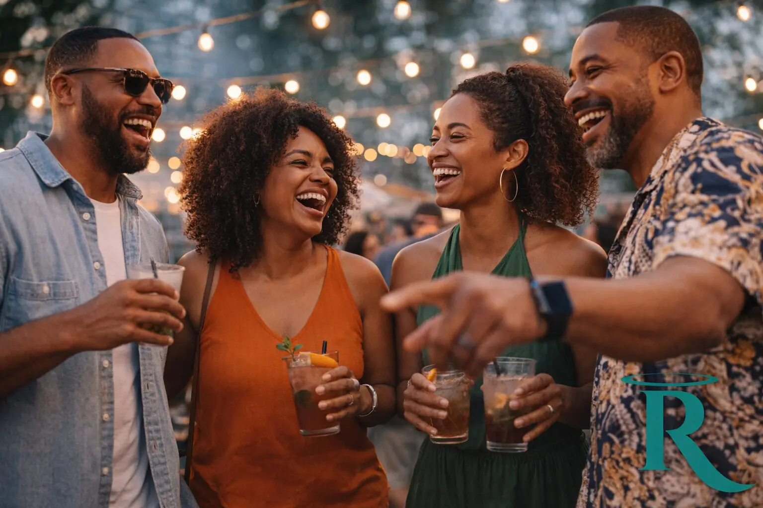 A group of four Black and Brown adults stand close together at an outdoor social event, smiling and holding drinks with citrus and mint garnishes. Warm string lights glow overhead, and the blurred background shows trees and other guests. Everyone appears relaxed and enjoying the festive atmosphere.