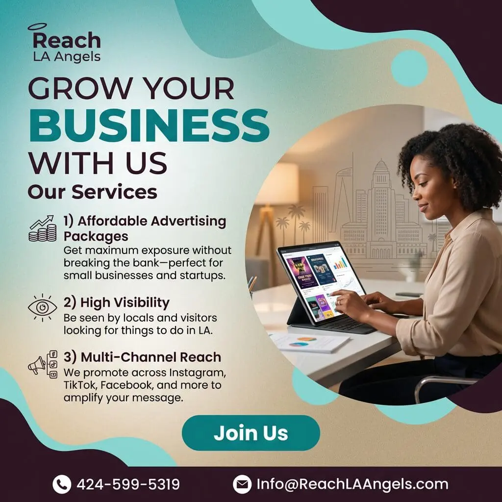 Graphic promoting Reach LA Angels business services, showing a person using a laptop with LA buildings and palm trees in the background, highlighting affordable advertising, high visibility, and multi‑channel promotion.