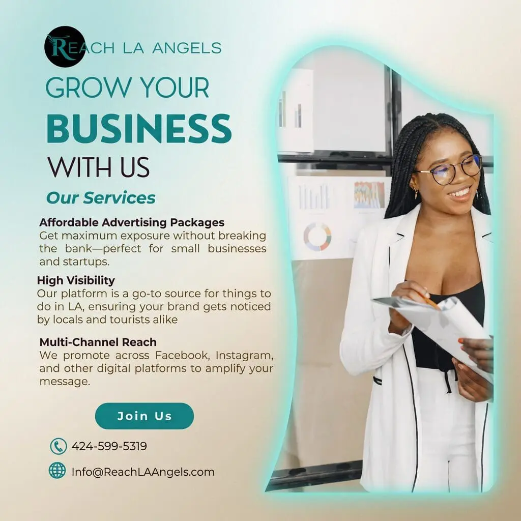 “Business promotion graphic for Reach LA Angels showing a professional holding a clipboard in front of charts, with text highlighting affordable advertising, high visibility, and multi‑channel marketing services.