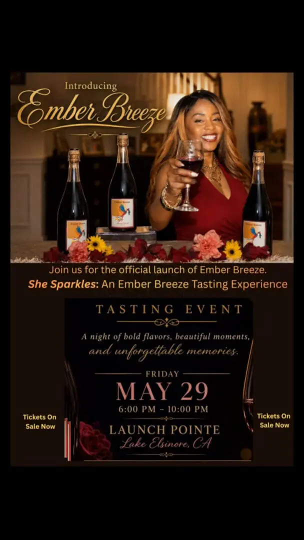 A smiling woman holds a glass of red wine behind a table decorated with red and yellow flowers and three bottles of Ember Breeze sparkling red wine. Warm indoor lighting creates an elegant atmosphere. Text on the flyer promotes the “She Sparkles: An Ember Breeze Tasting Experience” event with date, time, location, and ticket details.
