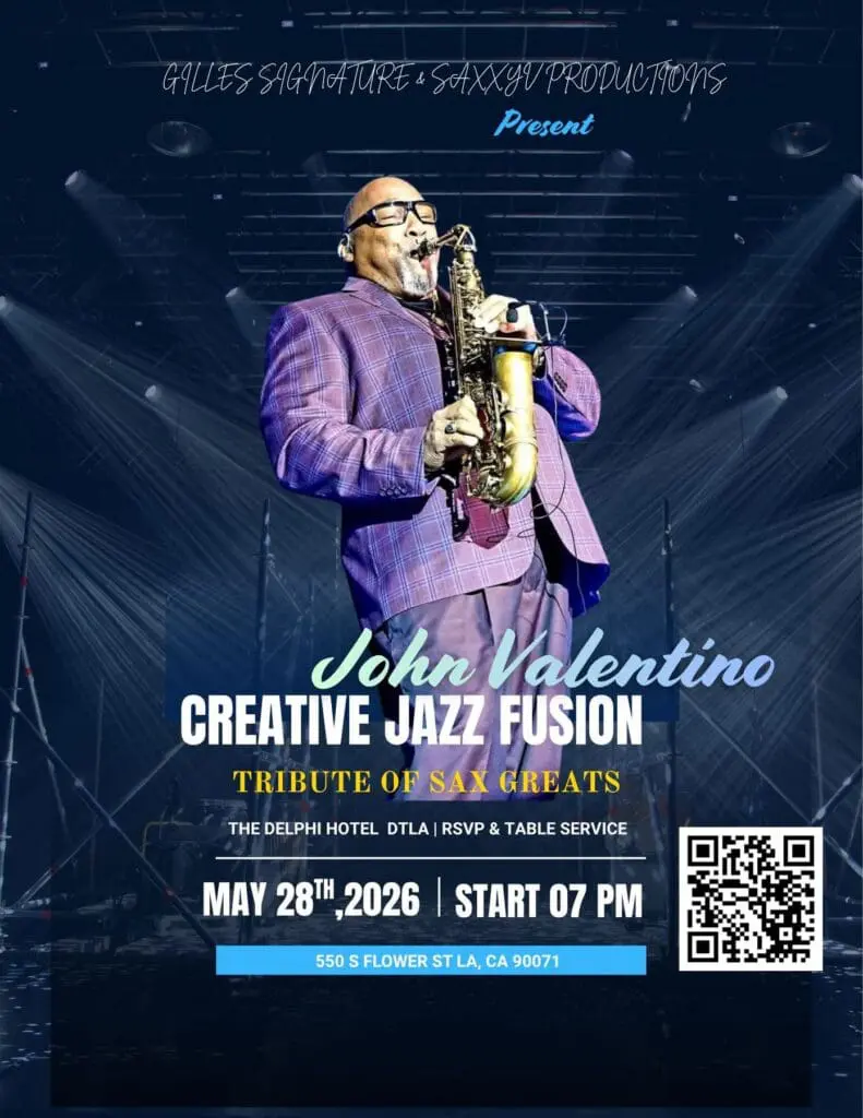 Jazz saxophonist John “Val” Valentino performing live on stage under concert lights, promoting his Creative Jazz Fusion Tribute of Sax Greats at The Delphi Hotel DTLA on May 28, 2026.