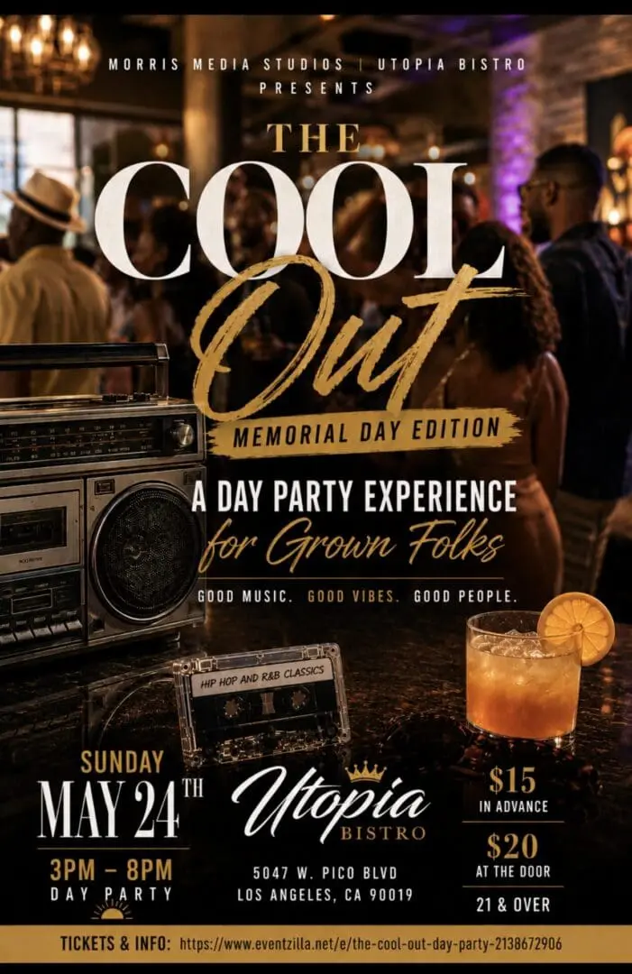 Grown‑folks Memorial Day Day Party in Los Angeles featuring Hip Hop & R&B classics at Utopia Bistro. Good vibes, good music, mature crowd. Tickets available now.