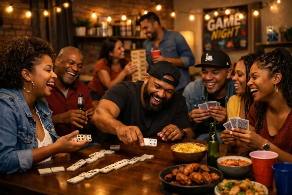 A lively indoor evening scene showing a group of Black and Brown friends laughing and playing games around a wooden table. Dominoes, cards, and snacks like wings and chips are spread out, with warm string lights and a “Game Night” banner in the background. Everyone is smiling, creating a cozy, joyful vibe that captures community and fun.