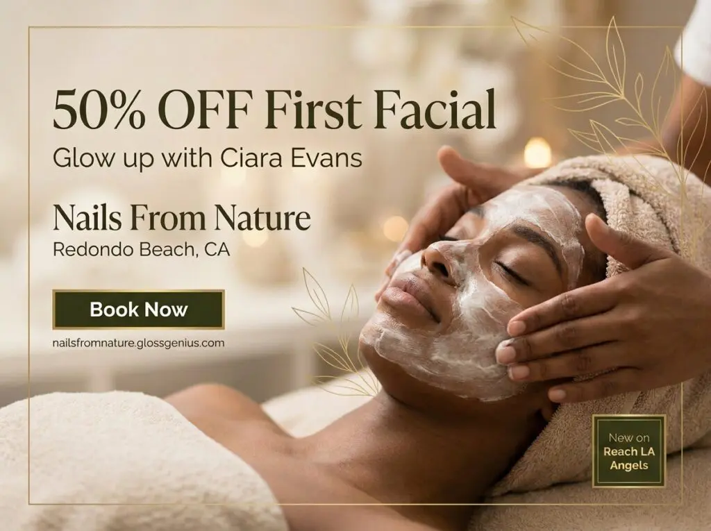 Woman receiving relaxing facial treatment at Nails From Nature spa in Redondo Beach, CA.
