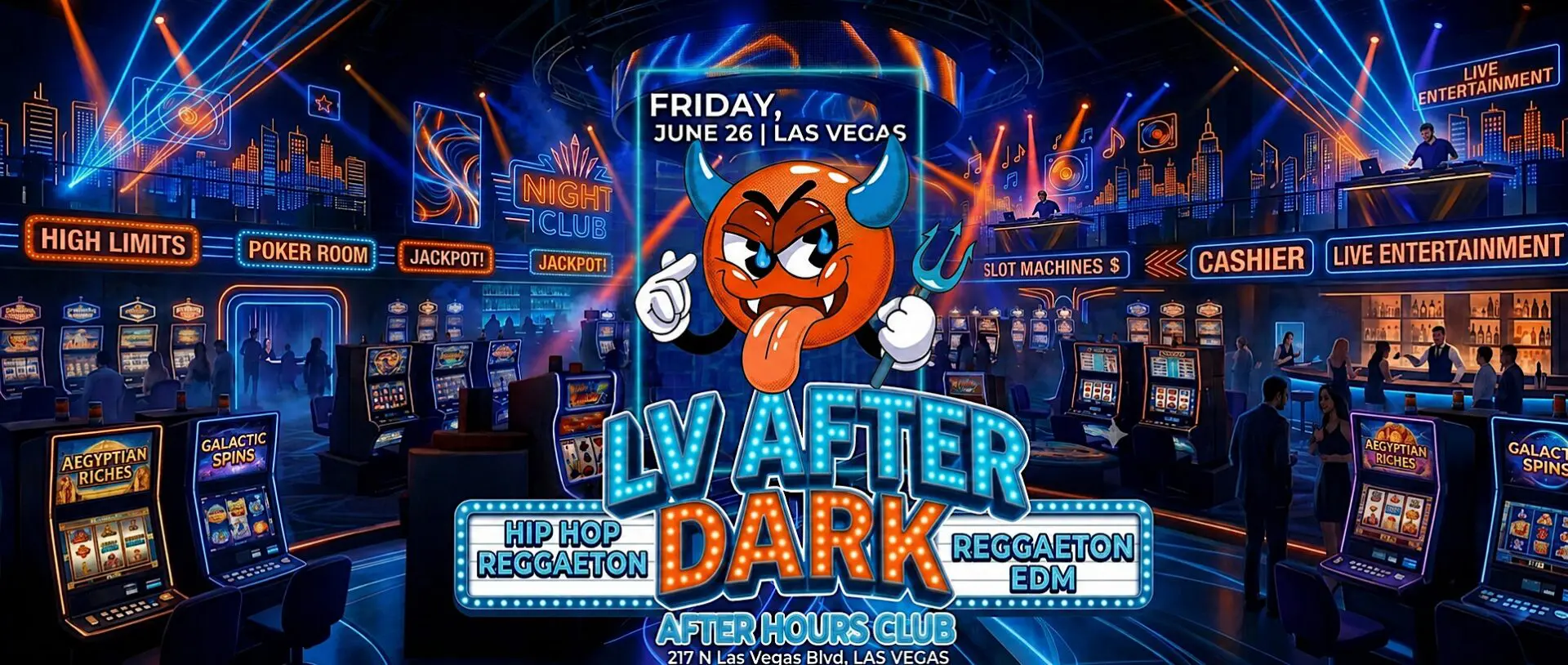 Neon-lit Las Vegas casino with slot machines