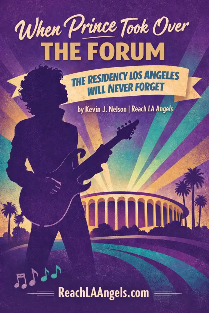 Silhouette of Prince holding a guitar in purple against a teal and tan background featuring The Forum in Inglewood, with palm trees, radiant lighting, the title “When Prince Took Over The Forum,” author credit, ReachLAAngels.com footer, and small music notes.