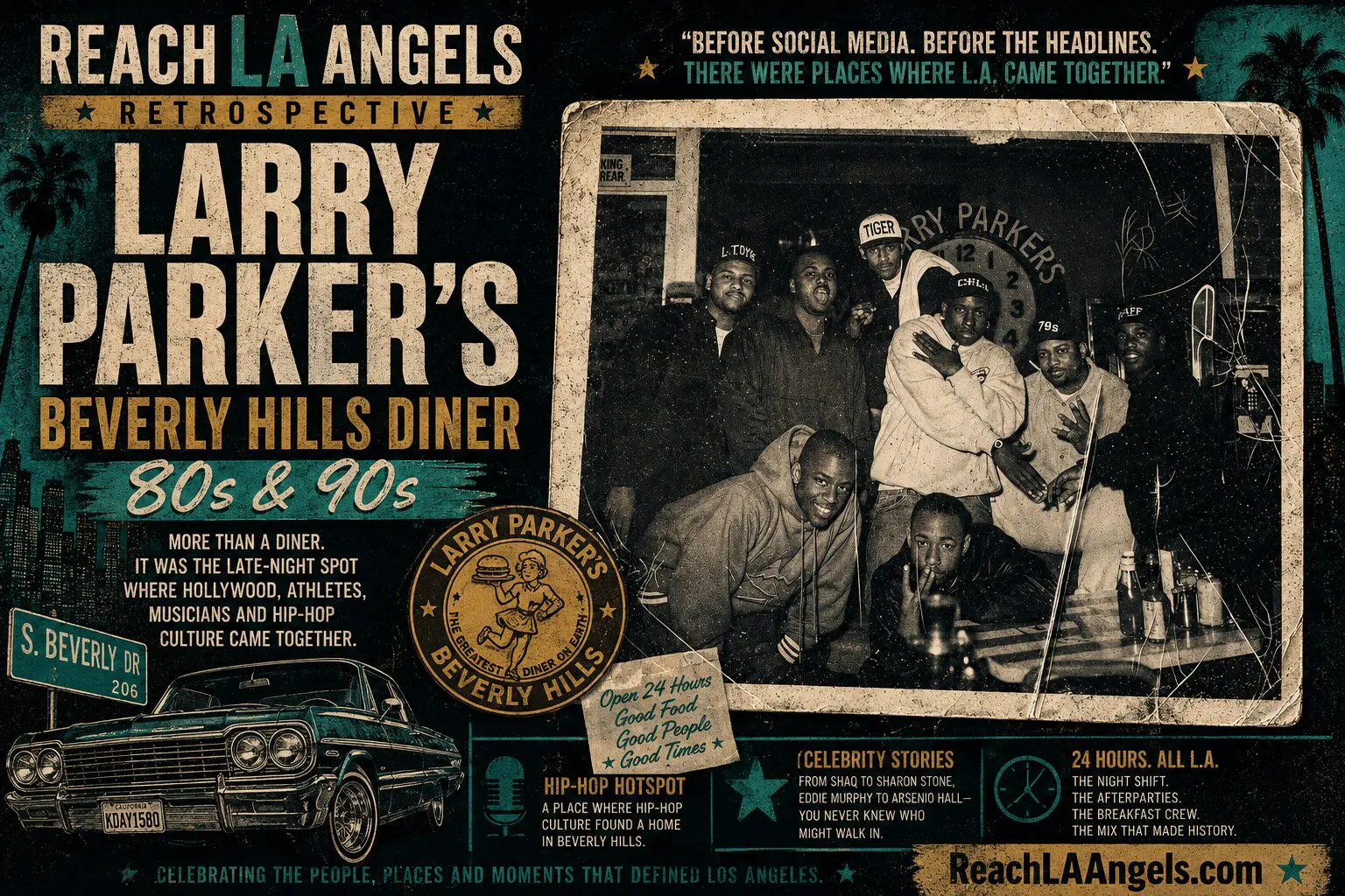 A retro‑style promotional poster for Larry Parker’s Beverly Hills Diner featuring a vintage photo of people gathered inside the diner. The design includes palm trees, Los Angeles city buildings, and a classic car with a California license plate reading “KDAY1580.” Bold text highlights the diner’s cultural impact in the 1980s and 1990s, describing it as a late‑night hotspot for Hollywood celebrities, athletes, musicians, and hip‑hop culture. Additional text celebrates its 24‑hour service, iconic guests, and its place in Los Angeles history.