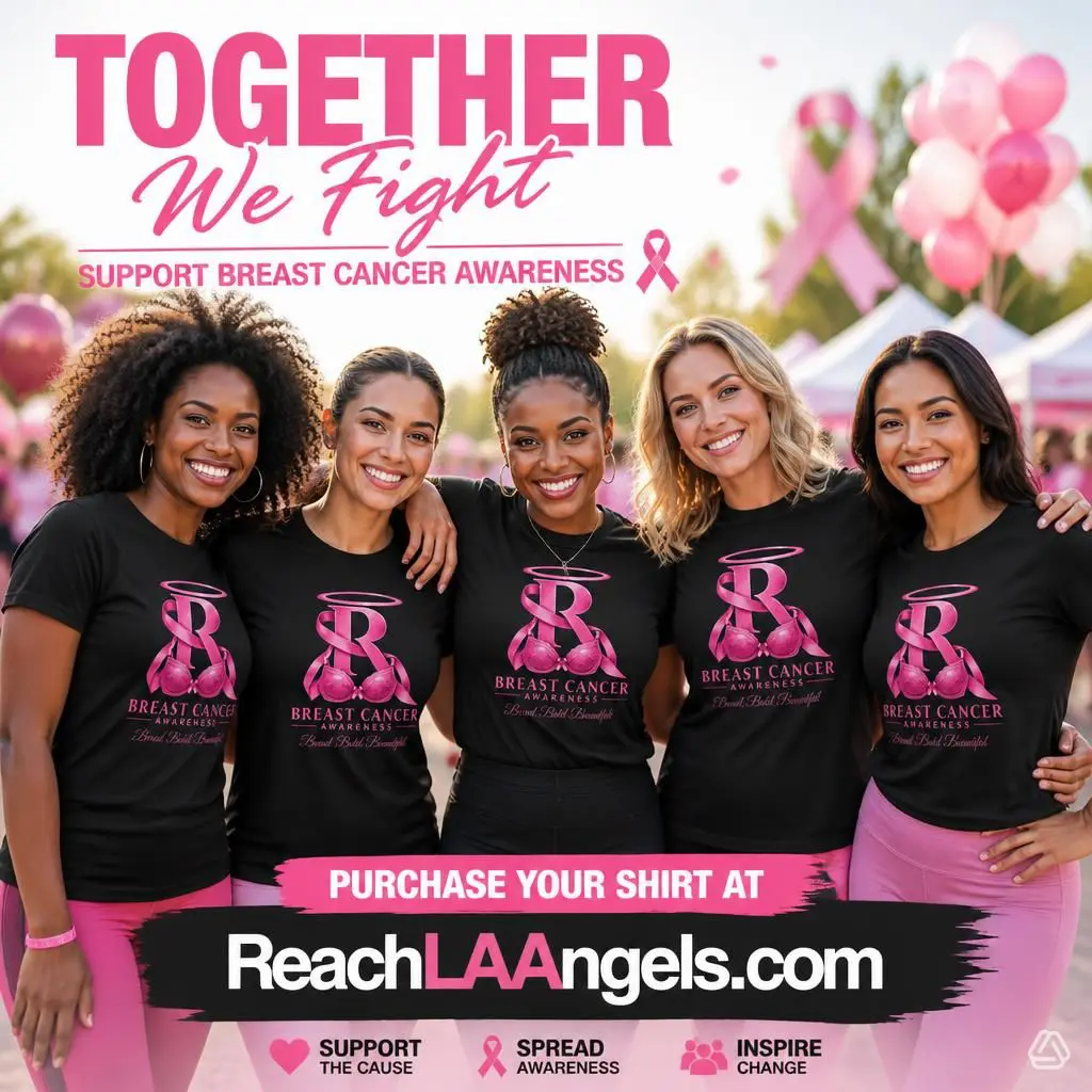 A group of five people stand outdoors wearing matching black Breast Cancer Awareness shirts with a pink ribbon design. They smile together in front of pink balloons and a large pink ribbon display. Text on the backdrop encourages support, awareness, and purchasing shirts from Reach LA Angels.