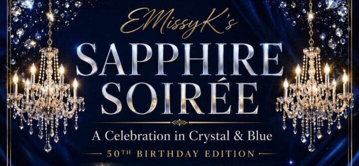 Sapphire‑themed 50th birthday event flyer featuring deep blue satin background, crystal chandeliers, gemstone accents, elegant florals, and gold typography promoting EMissyK’s Sapphire Soirée at Bella Luxe Loft with live band, DJ, dress code, and ticket details.