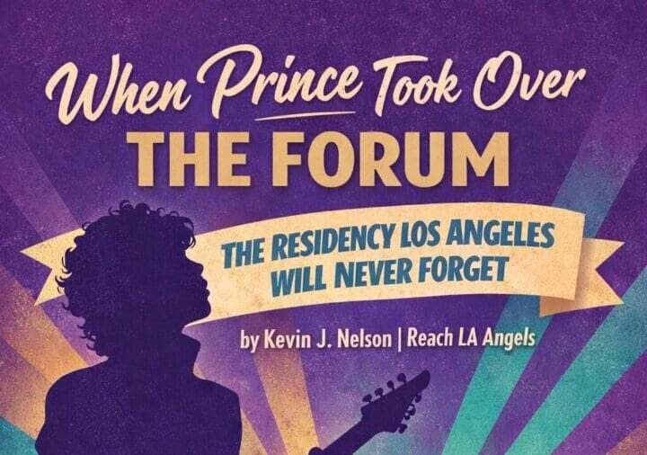 Silhouette of Prince holding a guitar in purple against a teal and tan background featuring The Forum in Inglewood, with palm trees, radiant lighting, the title “When Prince Took Over The Forum,” author credit, ReachLAAngels.com footer, and small music notes.