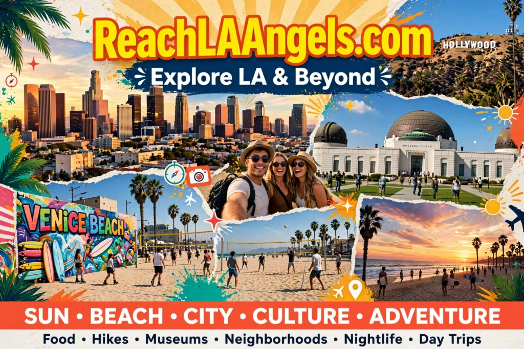 Collage of iconic Los Angeles scenes including the downtown skyline, Hollywood sign, Griffith Observatory, Venice Beach murals, palm trees, and people taking a selfie, promoting the “Explore LA & Beyond” page on ReachLAAngels.com.