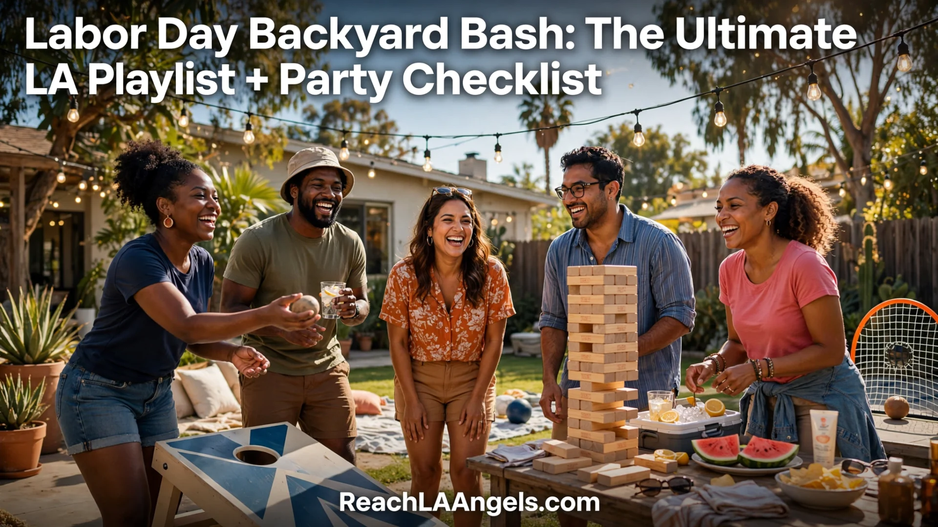 A group of five friends enjoy a festive backyard Labor Day party